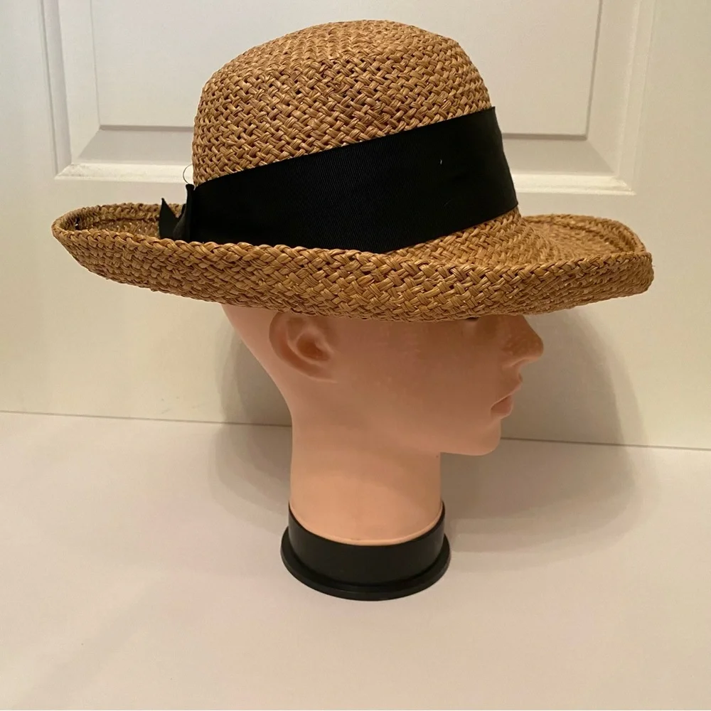 NEW YORK HAT & CAP CO HAT TAN STRAW BLACK GROSGRAIN RIBBON BOW WIDE BRIM USA